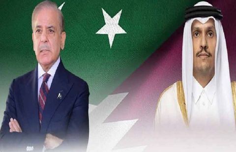 Prime Minister Muhammad Shehbaz Sharif and Prime Minister and Foreign Minister of Qatar, Sheikh Mohammed bin Abdulrahman bin Jassim Al Thani 