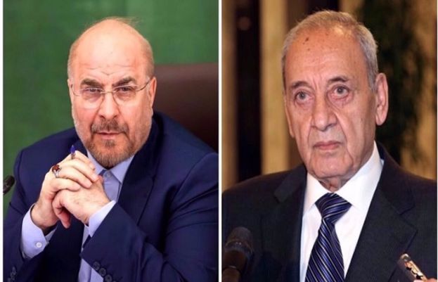 Iranian Parliament Speaker Mohammad Baqer Qalibaf (L) and his Lebanese counterpart Nabih Berri